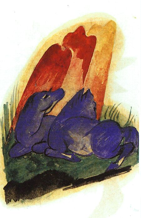 Franz Marc Two Blue Horses in front of a Red Rock